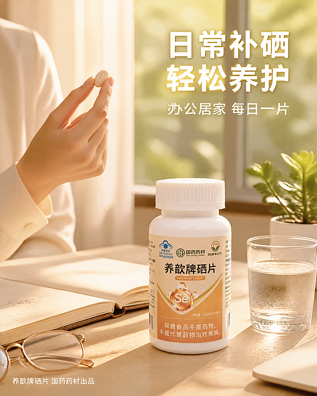 [主图-4] 养歆牌硒片日常场景图 办公室白领补充营养。
[氛围风格] 温馨生活方式感 自然真实 健康日常。
[画质] 商业摄影质感 自然光感 画面温暖通透 细节真实自然。
[元素] 养歆牌硒片白色药瓶放置在浅色木质办公桌右侧 瓶身正面标签清晰 旁边有一杯温水 杯壁有水珠 一本打开的笔记本 一副眼镜 一盆小型绿色多肉植物。左侧露出一位穿着浅米色衬衫的女性上半身 手部正拿起一片硒片准备服用 只拍到手部和小臂 不拍脸部。背景是虚化的办公室落地窗 窗外有绿色树木 阳光透过窗帘洒下柔和光斑。**保持养歆牌硒片产品外观（即物理结构 材质质感 颜色 标签文字图案）与输入产品图完全一致 杜绝任何变形和色差 精细化处理**。商品主体占比约40% 场景丰富自然。画面满屏无边框。
[光影] 自然窗边光为主光源 从左侧洒入 形成柔和的暖金色光线 桌面有清晰的光影条纹 瓶身有自然高光 整体氛围温暖舒适 暗部有柔和反光。
[配色] 主色暖木色+米白 辅色浅绿+暖金 整体温馨自然。
[视角构图] 平视45度俯视角 桌面场景自然铺开 产品在视觉焦点位置 前中后景层次丰富 景深中等 背景虚化营造氛围感。
[文字版式] 右上负空间右对齐留安全边距 两行文案。主标题"日常补硒 轻松养护" 白色粗黑体最大号 带轻微暖金描边；副标题"办公居家 每日一片" 白色中号细体。左下角小字"养歆牌硒片 国药药材出品" 白色细体。
[输出要求] 1:1比例 文字清晰锐利 超高清商业摄影质感。
[负向提示词] 变形 文字错乱 产品图模糊 背景杂乱 水印 电商平台Logo 多余手指 手部扭曲 面部扭曲 肢体穿模。