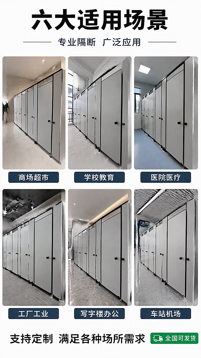 [第8张] 应用场所-多场景拼图展示。本张使用【图1】产品融入各场景。
[氛围/风格] 场景展示风，多空间拼图，真实感强，拼多多接地气风格。
[元素布局] 画面采用6宫格拼图布局，2行3列，每格展示一个应用场景：左上-商场卫生间、中上-学校卫生间、右上-医院卫生间、左下-工厂车间卫生间、中下-写字楼卫生间、右下-车站/机场卫生间；每个场景中都有安装好的公共卫生间隔断板；每格下方标注场景名称；顶部为大标题区；背景为白色底。
[光影质感] 每个场景都有真实的空间光照，明亮自然，隔断板在各场景中颜色材质一致，整体统一。
[配色色系] 全局底色 #FFFFFF；主色深蓝 #2C3E50；辅助色各场景自然色；点缀色绿色 #27AE60 用于适用标识。
[视角构图] 3x2 宫格布局，每格独立场景，阅读动线从左上到右下，场景丰富有说服力。
[文字版式] 顶部主标题「六大适用场景」，加粗黑体；副标题「专业隔断 广泛应用」；每格下方标签：「商场超市」「学校教育」「医院医疗」「工厂工业」「写字楼办公」「车站机场」；底部加文字「支持定制 满足各种场所需求」；右下角绿色小标「全国可发货」。
[比例分辨率] 9:16 竖版比例，4K 分辨率，文字清晰可辨，高清画质。
[负向提示词] 变形，水印，文字错乱，场景不真实，产品颜色不一致，产品图模糊。