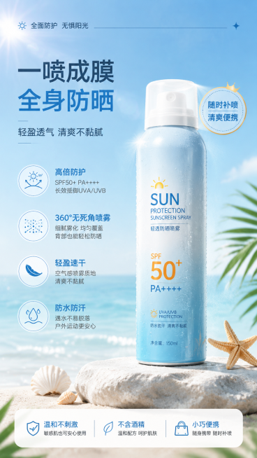 将商品主体换成防晒喷雾，更换商品卖点，保持整体海报结构不变预览效果