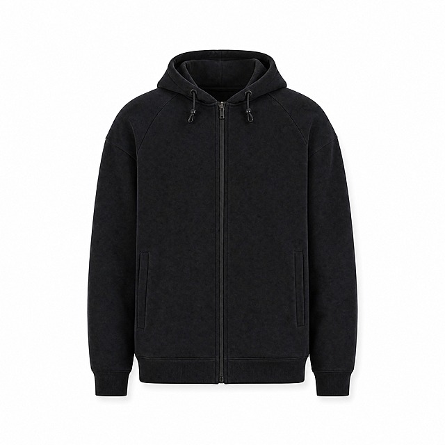 产品精修, 产品置于纯白背景上, 专业商业棚拍光, 5500K标准中性白光, 轮廓光, 体积光, 曝光正确, 强烈真实立体感, 提亮黑色/深色区域的结构层次, 拉开明暗过渡, 恢复部件边界、接缝、转折面和厚度关系, 避免一片死黑但保持原图深色属性, 接地处保留干净浅淡的自然接触阴影, 严禁大片投影、脏灰阴影和悬浮感, 主体居中, 商品完整入画不裁切, 商品外轮廓视觉体量约画面60%-80%, 四边均匀留白约10%-20%, 严禁满幅铺满与贴边顶满, 极致超清画质, 细节清晰锐利, 4K分辨率, 商业级实拍质感, 保留原图真实材质与结构细节, 智能平整皱褶、压痕、塌陷和鼓包；布艺保留自然柔软体积和材质纹理, 修复服装袖口、下摆、肩线、领口和侧边的锯齿、阶梯状边缘、抠图毛边和断边, 边缘保持自然布料厚度、缝线走向和柔和纤维过渡, 禁止硬切边或塑料感, 基于原图材质恢复纹理、颗粒、折射、高光、柔韧折痕和工艺细节, 避免糊成塑料感, 去除手部、手指与身体入镜, 仅保留商品主体, 智能修补遮挡区域, 锁定原图商品颜色, 颜色以输入图为唯一参考, 分段部件颜色边界按原图锁定, 锁定原图商品轮廓、件数、部件位置、连接关系、标签文字和可见功能细节，只做精修不重绘结构, 规整平铺, 左右版型对称, 肩线水平, 袖子自然平直且长度一致, 衣身版型与原图一致, 门襟/拉链/中线垂直居中, 图案、纽扣、拉链、口袋位置不改, 去除衣架、挂钩、夹子和临时支撑物, 拒绝立体穿着感, 锁定扣件、拉链、挂饰等敏感细节的颜色、材质、形状、位置、数量和连接关系, 衣身主体面料: 布艺/纺织质感自然, 织纹方向清晰, 纤维层次真实, 拉链与五金件: 光面金属质感按原图锁定, 高光边线清晰, 反射干净但不过度镜面化, 正视图, 标准透视校正, 正常透视焦段, 保持同类机位, 比例1:1