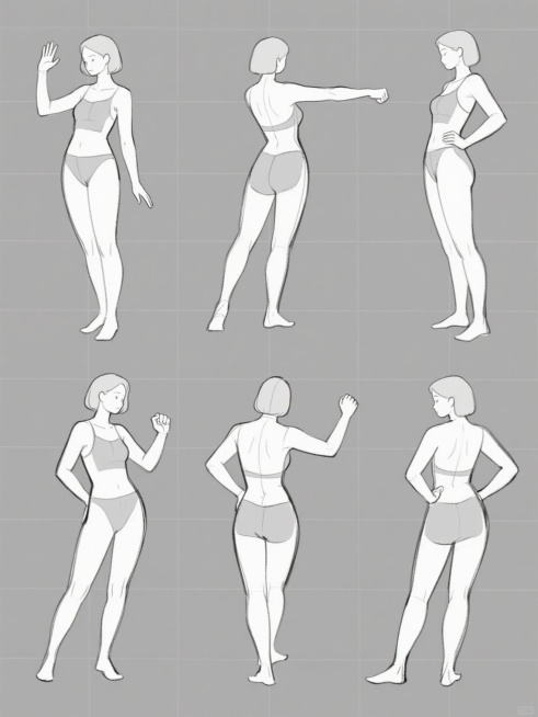 一系列8个不同角度和动作的女性人体动态素描，采用简约的线条勾勒与局部灰色块面结合的插画风格，以纯灰色为统一背景，人物姿态包括正面挥手、侧面伸展、背面握拳、半侧面叉腰等多样动态，整体呈现规整的网格排布，保持线条的流畅性与结构的准确性，兼具速写的灵动与解剖结构的严谨感。预览效果