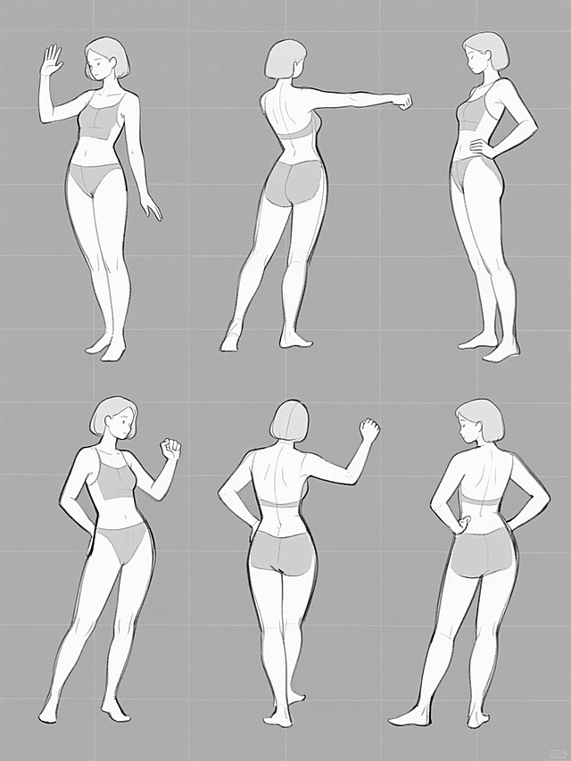 一系列8个不同角度和动作的女性人体动态素描，采用简约的线条勾勒与局部灰色块面结合的插画风格，以纯灰色为统一背景，人物姿态包括正面挥手、侧面伸展、背面握拳、半侧面叉腰等多样动态，整体呈现规整的网格排布，保持线条的流畅性与结构的准确性，兼具速写的灵动与解剖结构的严谨感。