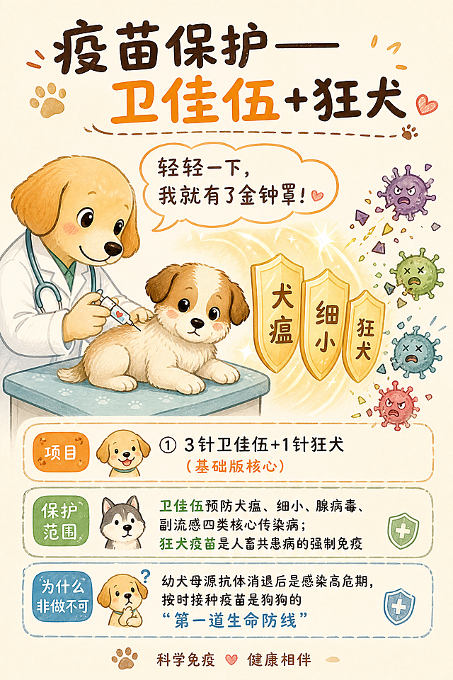 暖奶油色背景，左侧一只小狗乖巧趴在诊台，卡通狗医生温柔给小狗注射疫苗，针头画得很细很可爱，右侧三道防护盾护住小狗身体，盾上分别写“犬瘟”“细小”“狂犬”字样，被击碎的病毒卡通形象散落在旁边，手绘插画，可爱科普风格。包含文案：标题“疫苗保护——卫佳伍+狂犬”，项目“① 3针卫佳伍+1针狂犬（基础版核心）”，拟狗化小标题“轻轻一下，我就有了金钟罩！”，保护范围“卫佳伍预防犬瘟、细小、腺病毒、副流感四类核心传染病；狂犬疫苗是人畜共患病的强制免疫”，为什么非做不可“幼犬母源抗体消退后是感染高危期，按时接种疫苗是狗狗的“第一道生命防线””