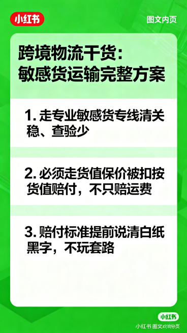 小红书图文内页，解决方案图，绿色安全风格，清晰列出三个重点："1. 走专业敏感货专线
清关稳、查验少
2. 必须走货值保价
被扣按货值赔付，不只赔运费
3. 赔付标准提前说清
白纸黑字，不玩套路"，标预览效果