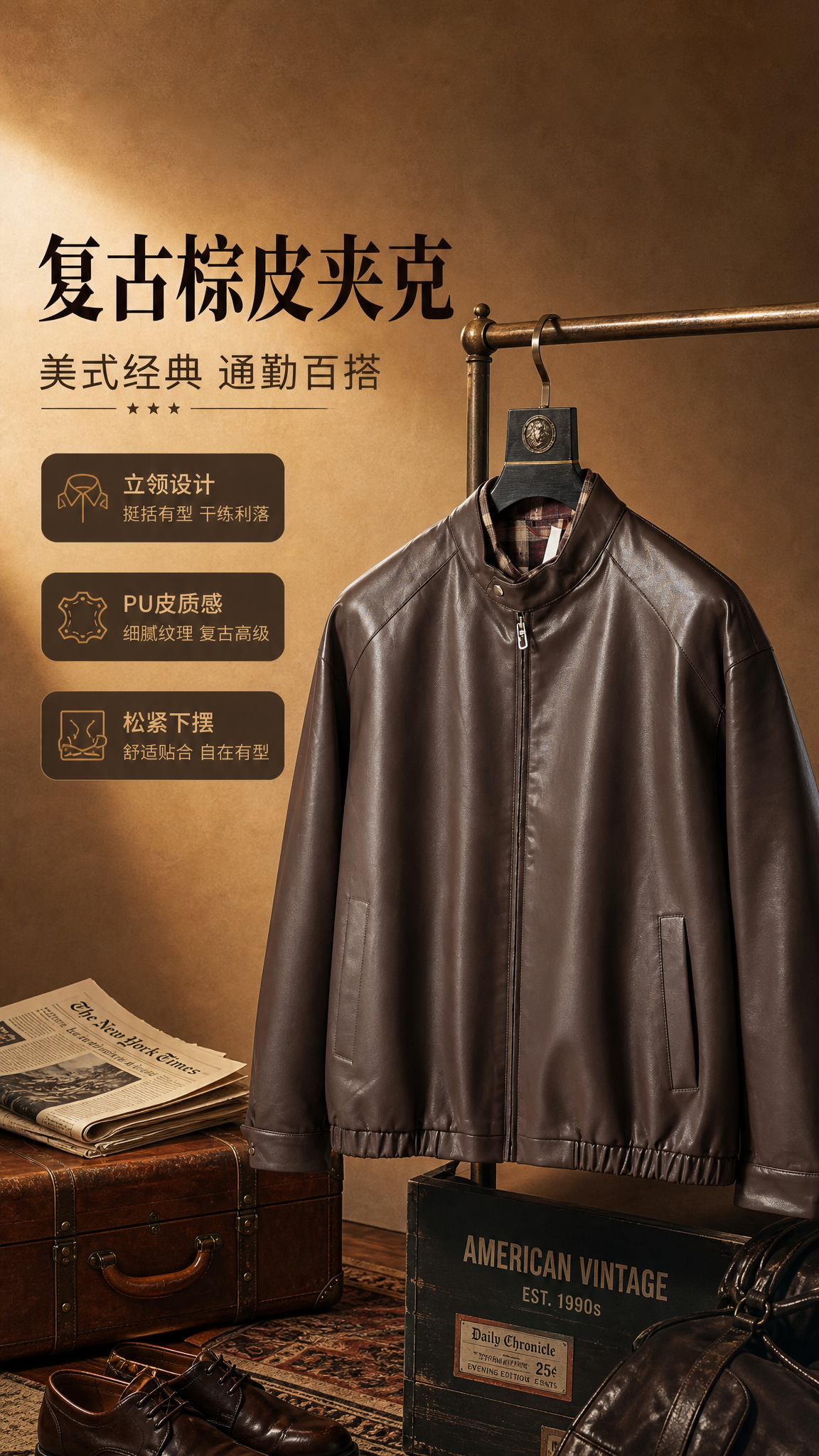 [商品] 使用【图1】复古棕色立领PU皮夹克；商品处理：保留立… - 图片创意预览