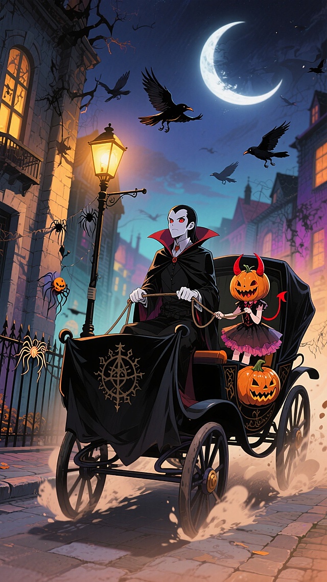 哥特风格与卡通感交融，吸血鬼与南瓜女孩驾马车夜行，神秘惊悚中透出故事感，插画风呈现万圣节奇幻氛围。