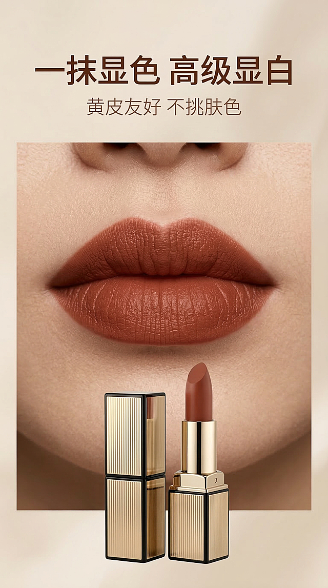 鎏金金属质感唇膏，重拟物风设计，奢华优雅，现代时尚感十足，凸显高级显白效果。