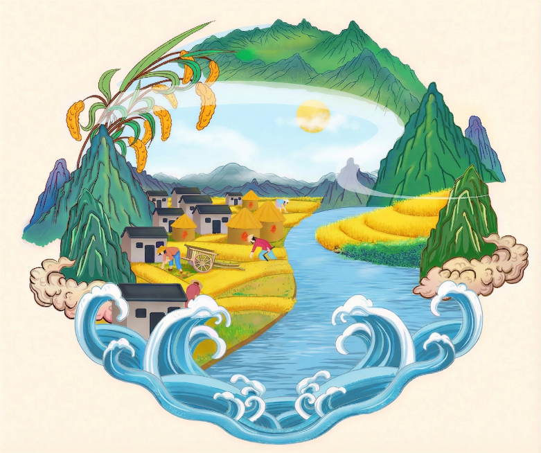 维持图形轮廓、颜色、大小不变，仅去掉近景城楼，保留山水、村庄、稻田、河流、云雾与波浪等其余元素预览效果