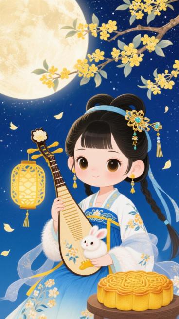 Q版古装少女（蓝白渐变桂花暗纹汉服、鎏金嵌玉发簪、流苏耳饰、暖黄色镂空宫灯）缕青丝发带，古琴古韵悠悠、绒毛蓬松玉兔（抱花纹金黄月饼），中景为有环形山细节的巨大满月，背景是深邃藏蓝色星空。点缀开满嫩黄花预览效果