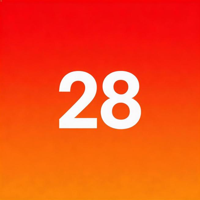 纯色红橙渐变背景，图片中心放置白色文字"28"，文字使用黑体，整体简洁干净预览效果