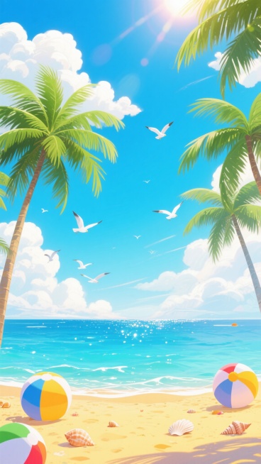 高饱和度渐变色彩的海边夏日场景，清澈透蓝的海水与天空相接，海面上波光粼粼，点缀着白色的海鸥飞翔，近处是金黄色的沙滩，散落着彩色的沙滩球和贝壳，两侧高大的绿色椰子树向中央倾斜，枝叶繁茂，天空中漂浮着蓬松的白色云朵，阳光明媚，光线充足，带有梦幻般的光晕效果，整体呈现出明亮欢快的氛围，具有鲜明的插画风格和细腻的质感表现。预览效果