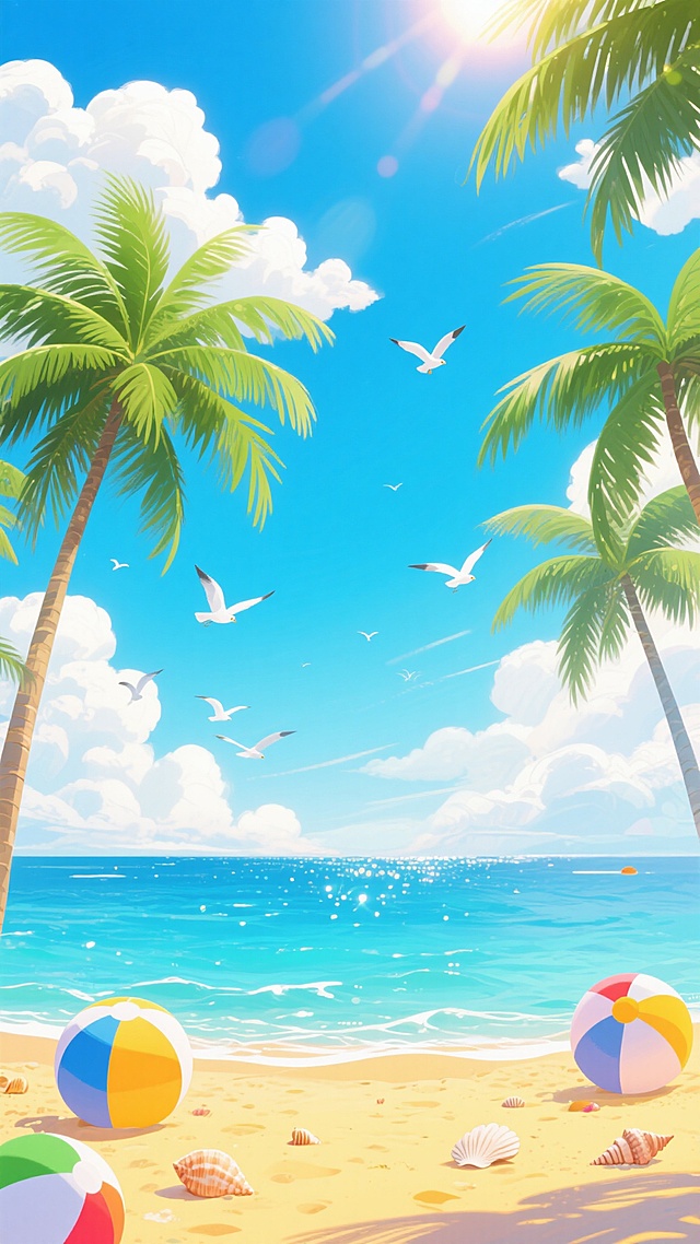 高饱和度渐变色彩的海边夏日场景，清澈透蓝的海水与天空相接，海面上波光粼粼，点缀着白色的海鸥飞翔，近处是金黄色的沙滩，散落着彩色的沙滩球和贝壳，两侧高大的绿色椰子树向中央倾斜，枝叶繁茂，天空中漂浮着蓬松的白色云朵，阳光明媚，光线充足，带有梦幻般的光晕效果，整体呈现出明亮欢快的氛围，具有鲜明的插画风格和细腻的质感表现。