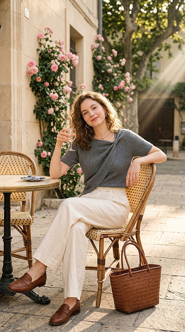 专业胶片人像摄影，法式慵懒氛围感大片，全身人像，24岁左右温柔慵懒的法式长相女生，鹅蛋脸，清透元气淡妆，浅棕色慵懒羊毛卷中长发，眉眼温柔，自带松弛的度假氛围感；上身穿着灰色设计感扭结短袖针织衫（保留针织肌理与软糯质感），下身搭配高腰米白色亚麻阔腿长裤，脚踩棕色复古乐福鞋，配饰为金色细圈耳环、细款珍珠锁骨链，身侧放着棕色藤编手提包；模特动作：坐在南法小镇露天咖啡馆的木质藤编椅上，一只手手肘撑在桌面，手指轻捏玻璃杯杯柄，另一只手自然搭在椅背上，身体微微向后靠，歪头对着镜头温柔浅笑，双腿自然交叉，动作松弛慵懒，充满法式度假的松弛感；场景：春日午后的南法小镇露天咖啡馆，暖金色落日柔光，背景是米白色石砌建筑、爬满墙面的粉色蔷薇花、街边梧桐树荫，丁达尔光效，柔和侧逆光，发丝发光，复古柯达胶片颗粒感，暖调清新治愈质感，韩系法式画报质感