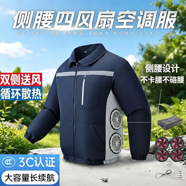 [主图-1] 深蓝拼浅灰侧腰四风扇空调服产品首图，保持产品外观结构颜色和参考图完全一致，物理结构材质质感无偏差，精细化处理。
[氛围风格] 户外清新专业电商风，突出功能性工装质感
[画质] 商业摄影质预览效果