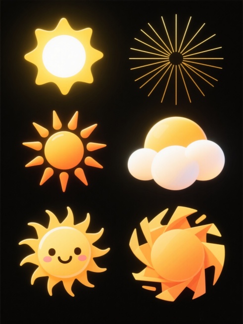 黑色背景上，排列整齐的6个不同样式和风格的太阳光。第一个是明亮的圆形太阳，带有柔和的黄色光芒和白色中心；第二个是线条状太阳，由细长的金色光线组成；第三个是放射状太阳，光芒呈现出渐变的橙黄色；第四个是带有云层环绕的太阳，云层呈现出柔和的白色；第五个是卡通风格的太阳，带有可爱的表情和简化的光芒；第六个是抽象风格的太阳，光芒呈现出不规则的几何形状。所有太阳都具有明亮的高光和柔和的阴影，整体画面色彩和……预览效果