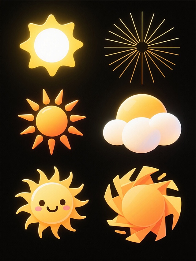 黑色背景上，排列整齐的6个不同样式和风格的太阳光。第一个是明亮的圆形太阳，带有柔和的黄色光芒和白色中心；第二个是线条状太阳，由细长的金色光线组成；第三个是放射状太阳，光芒呈现出渐变的橙黄色；第四个是带有云层环绕的太阳，云层呈现出柔和的白色；第五个是卡通风格的太阳，带有可爱的表情和简化的光芒；第六个是抽象风格的太阳，光芒呈现出不规则的几何形状。所有太阳都具有明亮的高光和柔和的阴影，整体画面色彩和谐，光影效果自然。
