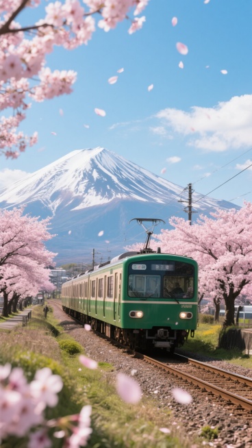 日本风景摄影，高清，大师级摄影作品，一列绿色的电车行驶在被盛开的粉色樱花树环绕的铁轨上，背景是雄伟的雪山和蓝天白云，阳光明媚，光影清晰，色彩鲜艳，构图优美，充满春天的气息，樱花花瓣飘落，画面宁静而美好，摄影质感，高分辨率，细节丰富，专业级色彩调校，自然光线，层次感强，深度透视，生动逼真。预览效果