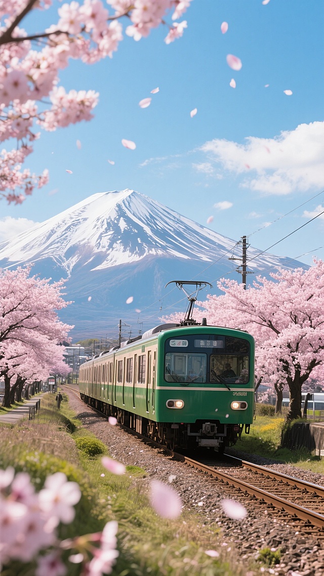 日本风景摄影，高清，大师级摄影作品，一列绿色的电车行驶在被盛开的粉色樱花树环绕的铁轨上，背景是雄伟的雪山和蓝天白云，阳光明媚，光影清晰，色彩鲜艳，构图优美，充满春天的气息，樱花花瓣飘落，画面宁静而美好，摄影质感，高分辨率，细节丰富，专业级色彩调校，自然光线，层次感强，深度透视，生动逼真。