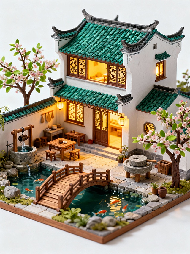 手工微距小场景，白色干净背景，亮灯效果，徽派三层房子，3d模型，等距视角，斜视角，生活设施应有尽有，院子小桥鱼池果树桌椅，国风，写实