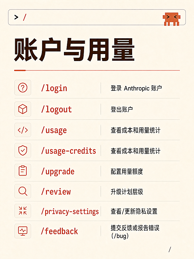 严格对齐参考图的每一个细节：顶部添加带机器人的命令输入栏，浅米色背景，深棕色粗体大标题，分割线，每个命令左侧都要有圆角浅底方框，里面放对应功能的橘红色线型图标，命令文字用橘红色，描述文字用黑色，保留原全部文字内容，右下角添加页码，排版间距完全参考图来做