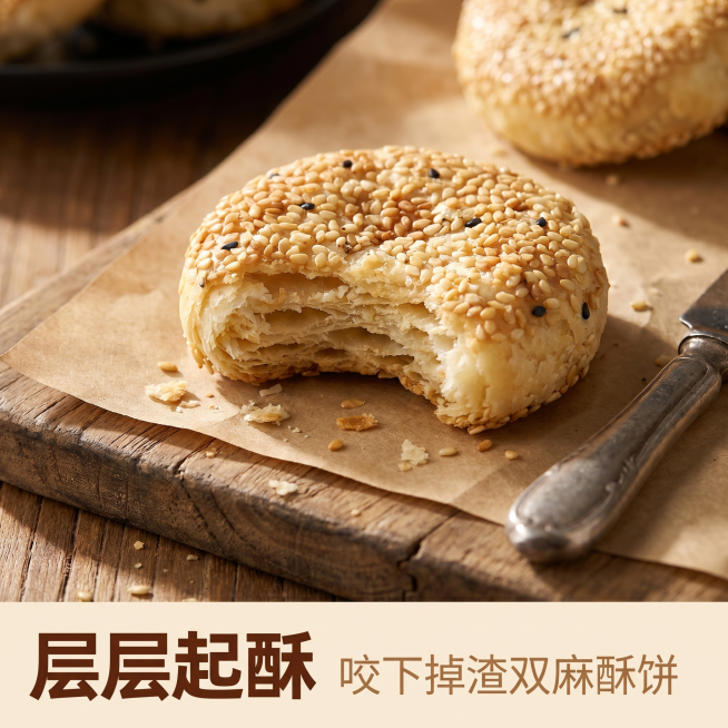 [主图-11] 层层起酥卖点展示。
[氛围风格] 微距特写怀旧食欲风。
[画质] 商业摄影质感，光线柔和通透，产品清晰真实，画面干净高级。
[元素] 一块被咬了一口的双麻酥饼，展示层层叠叠的酥皮，碎渣预览效果