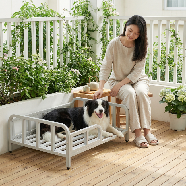 浅灰色金属框架狗床，保持原产品物理结构绝对不变，床下面没有轮子，床腿没有额外东西，床上没有床垫。产品主体不变形不扭曲。
平视中景构图，狗床放置在阳台角落的原木地板上，背景是白色围栏和爬藤绿植，日式小清预览效果