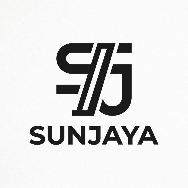 为SUNJAYA品牌设计第二款极简工业风logo，品牌涉及工程设备、进出口贸易业务，风格稳重大气符合国际化视觉，适合商标注册，图形结合品牌首字母S/J创意，几何造型纯粹无多余装饰，黑白效果清晰，适配各预览效果