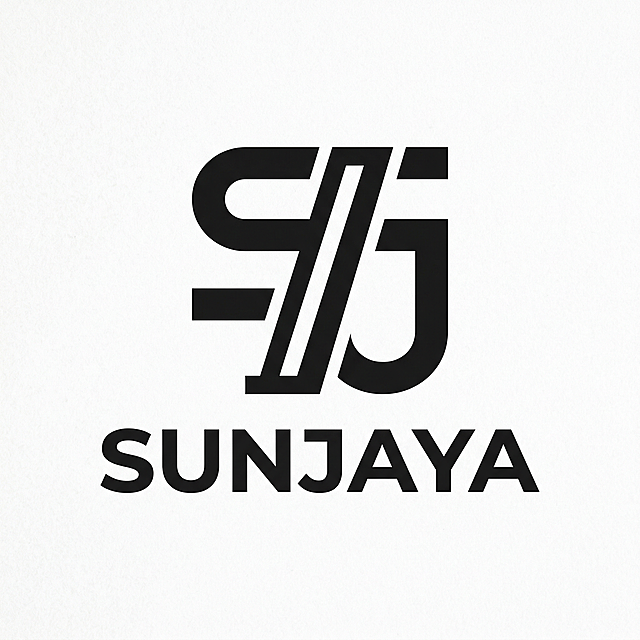 为SUNJAYA品牌设计第二款极简工业风logo，品牌涉及工程设备、进出口贸易业务，风格稳重大气符合国际化视觉，适合商标注册，图形结合品牌首字母S/J创意，几何造型纯粹无多余装饰，黑白效果清晰，适配各类商用场景