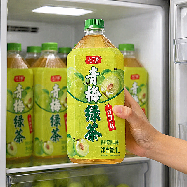 [单张主图] 太子鹤青梅绿茶果味茶饮料，爆款促销感主图，目标展示冰镇饮品的清爽感，吸引点击率。参考比对：参考图[4]是冰箱开门后，一只手从冰箱层架中拿出青梅绿茶瓶的构图，版式为真实使用场景型，产品居中被手握住，背景是同款产品阵列，右侧手臂，产品占画面约55%，品牌、产品名、原料图、净含量都清晰展示在瓶身。生成时保留该构图和产品位置逻辑，替换为本款太子鹤青梅绿茶。画面主体：一只手从冰箱中拿出太子鹤青梅绿茶瓶，瓶身朝向观看者，瓶身外观（包括太子鹤红色logo、青梅绿茶大字、青梅图案、青梅竹马红标、净含量1L文字、瓶身黄绿色包装、绿色瓶盖）必须保持与输入产品图https://1.jpg完全一致，颜色、结构、文字都不能变形和修改，产品占画面约55%，居中偏右放置，瓶身布满冷凝水珠，显得冰爽。构图版式：采用真实使用场景型，复刻参考图的冰箱手持展示构图。场景元素：背景是打开的冰箱内部搁架，搁架上摆放多瓶同款太子鹤青梅绿茶，背景做浅景深虚化，突出前景被手持的产品；冰箱内部干净简洁，白色内壁，顶部有冷柜照明灯。文案版式：保留瓶身原有全部文字，不额外添加遮挡主体的文案，文字必须清晰可读。光影质感：冰箱内部冷白色灯光为主光，打亮瓶身，突出水珠晶莹质感；瓶身通透有光泽，有轮廓反光，背景柔和虚化，景深自然，商业摄影高清质感，细节清晰。配色字体：主色调为产品本身的黄绿色，背景为冰箱浅灰白色冷调，整体清爽解渴的视觉感受；瓶身原有字体保留不变。比例分辨率：1:1比例，2048x2048，2k分辨率，文字清晰可辨。负向提示词：变形，水印，错字，糊字，伪Logo，主体遮挡，背景杂乱，低清晰度，错误结构，产品文字变形，颜色失真