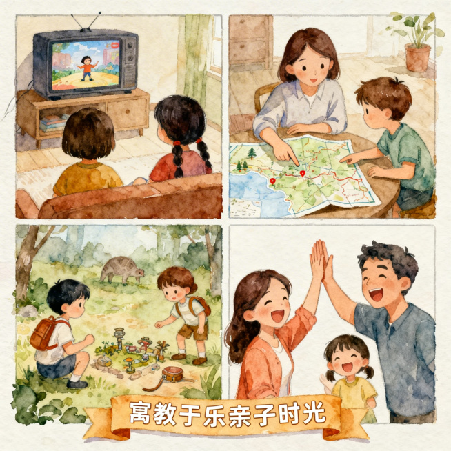 治愈系水彩风格，1:1比例，四宫格漫画呈现亲子互动场景：第一格一起看动画，第二格指着地图讨论，第三格模仿寻宝游戏，第四格全家欢笑击掌，底部横幅写"寓教于乐亲子时光"预览效果