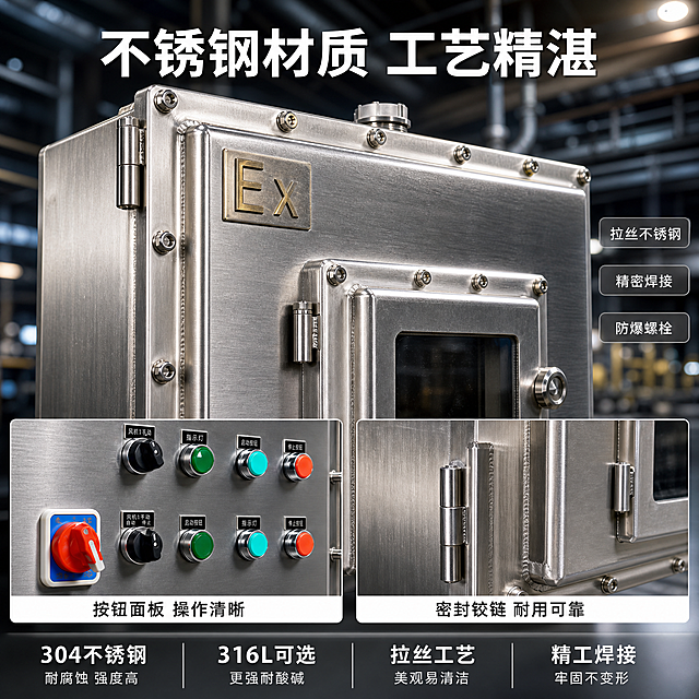 [主图-3 重制] 不锈钢防爆配电箱材质工艺细节特写图，背景更丰富自然。
[氛围风格] 冷灰工业科技风，微距质感，材质细节突出，背景为真实工业车间环境虚化，不突兀；
[画质] 商业摄影质感、微距清晰、金属纹理锐利、光线通透自然。
[元素] 主画面为不锈钢防爆配电箱箱体局部特写，占画面约55%，聚焦于箱体门板边缘的螺栓排布、不锈钢拉丝纹理、焊接工艺细节、Ex标识金属铭牌。背景为虚化的真实工业车间环境：可见远处的钢架结构、工业管道、柔和的顶光晕，背景虚化程度高（大光圈浅景深），只保留环境氛围和光斑，不抢主体。画面下方叠加两个细节小图框：左侧小图框展示按钮面板局部特写（按钮、旋钮、标识牌的精细做工），右侧小图框展示箱体铰链与密封结构特写。**保持不锈钢防爆配电箱的材质纹理、螺栓样式、焊接工艺、按钮细节与输入产品图一致，杜绝虚构结构或材质**。画面满屏无边框。
[光影] 侧光斜打，突出不锈钢拉丝纹理的明暗层次与金属质感；局部高光锐利，展现金属表面反光特性；暗部有细节，不发黑。背景有柔和的工业环境光，整体光线自然不突兀。
[配色] 主色银灰（不锈钢金属）；辅色深灰蓝（工业车间背景虚化色调）；强调色金色（铭牌与高光点缀）。
[视角构图] 主画面为正面局部微距特写，偏上居中；下方两个等大细节小图框横排，形成上下结构；景深较浅，主体清晰，背景高度虚化呈柔和光斑与色块。
[文字版式] 顶部大标题"不锈钢材质 工艺精湛"，白色粗体无衬线，居中。主画面右侧有3条短标签竖排：「拉丝不锈钢」「精密焊接」「防爆螺栓」。下方两个小图框各带标题：左「按钮面板 操作清晰」，右「密封铰链 耐用可靠」。底部通栏深灰色半透明，四列材质卖点：「304不锈钢」「耐腐蚀 强度高」「316L可选」「更强耐酸碱」「拉丝工艺」「美观易清洁」「精工焊接」「牢固不变形」。
[输出要求] 1:1比例，文字清晰锐利，画面超高清商业摄影质感。
[负向提示词] 变形，文字错乱，产品图模糊，水印，电商平台Logo，多余的手，多余的手指，畸形手，融合手指，手部扭曲，人物面部扭曲，关节反折。