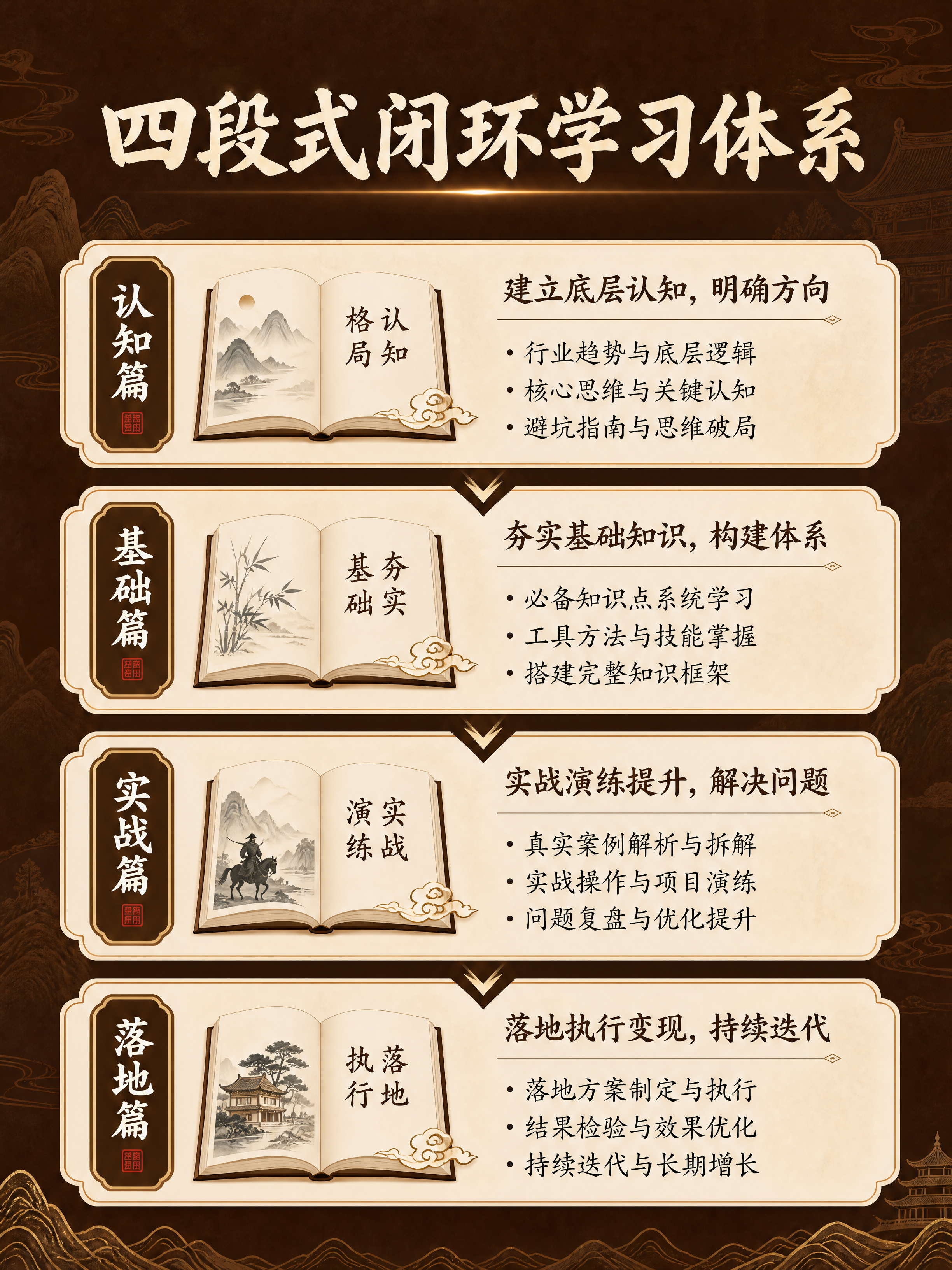 [第6屏] 四段式闭环学习体系，深棕色国风背景，顶部标题「四段… - 图片创意预览