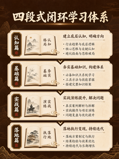 [第6屏] 四段式闭环学习体系，深棕色国风背景，顶部标题「四段式闭环学习体系」米白色；从上到下依次展示认知篇、基础篇、实战篇、落地篇四个阶段，每个阶段配书本图标，说明每个阶段的学习内容，信息层级清晰，预览效果
