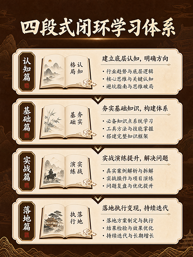 [第6屏] 四段式闭环学习体系，深棕色国风背景，顶部标题「四段式闭环学习体系」米白色；从上到下依次展示认知篇、基础篇、实战篇、落地篇四个阶段，每个阶段配书本图标，说明每个阶段的学习内容，信息层级清晰，排版整齐，3:4比例，4K分辨率，文字清晰