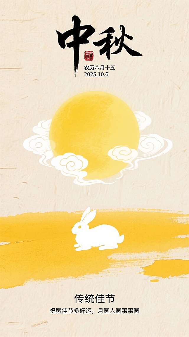 中式水墨风插画，浅米色纹理背景。顶部有标题 “中秋” ，小字”农历八月十五 2025.10.6“ 中间是巨大的黄色圆月，搭配白色祥云，圆月下方是黄色水墨晕染的地面，有一只白色兔子剪影立在上面，底部有副标题 “传统佳节” 文字及小字”祝愿佳节多好运，月圆人圆事事圆“，色彩以暖黄为主