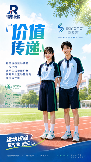 在海报右侧添加索罗娜的标识，标识下方添加文字"专业运动服饰"，保持整体画面风格协调统一，左上方保留原瑞蒽校服logo预览效果