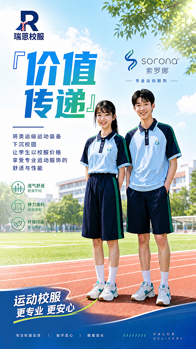 在海报右侧添加索罗娜的标识，标识下方添加文字"专业运动服饰"，保持整体画面风格协调统一，左上方保留原瑞蒽校服logo
