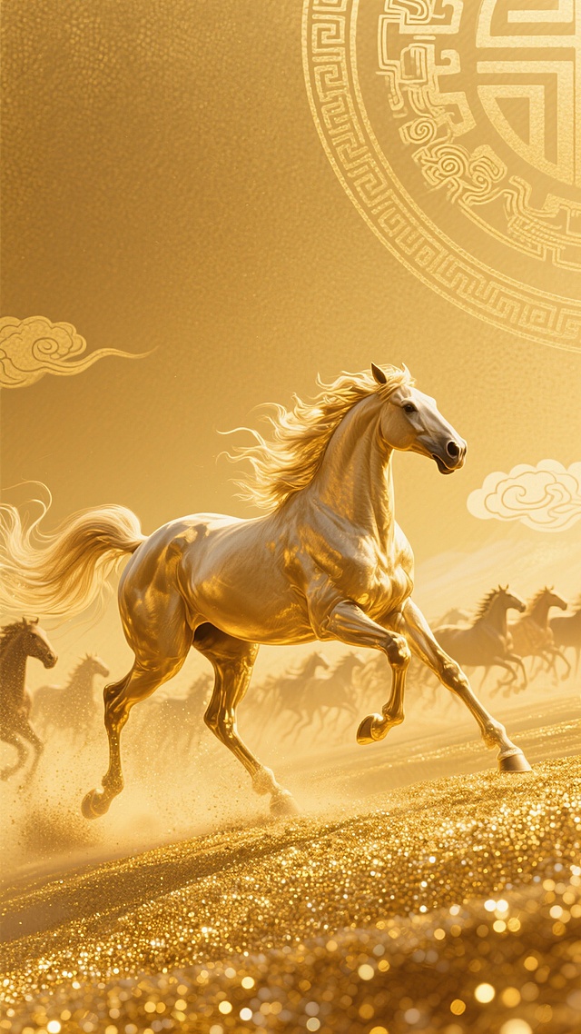 金色主色调背景，具有细腻的磨砂纹理与柔和的渐变光泽，右下角点缀闪烁的金色颗粒质感，整体呈现温暖而华丽的金属光泽感，融入中国风元素与万马奔腾的壮阔场景，马匹姿态昂扬、鬃毛飞扬，以流畅的线条勾勒出动态奔腾之势，背景可适当加入祥云纹、回纹等传统中国风装饰图案，保持整体金色调的和谐统一，营造出既具现代质感又不失古典韵味的磅礴氛围。