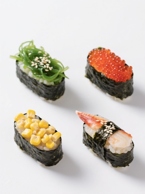 白色纯色背景上，四个不同种类的日料军舰寿司呈两行两列规整排布的系列素材集合，保持超写实摄影风格，精准展现寿司细节：左上角是铺满翠绿海草并撒有白芝麻的海草军舰寿司，右上角是覆盖鲜红鱼籽的飞鱼籽军舰寿司，左下角是金黄玉米粒军舰寿司，右下角是点缀白芝麻的蟹肉军舰寿司，每个寿司都有乌黑发亮的海苔包裹着饱满的醋饭，食材色彩鲜亮、质感真实，整体构图平衡对称，符合日料清新精致的设计感，无任何文字及装饰元素。预览效果