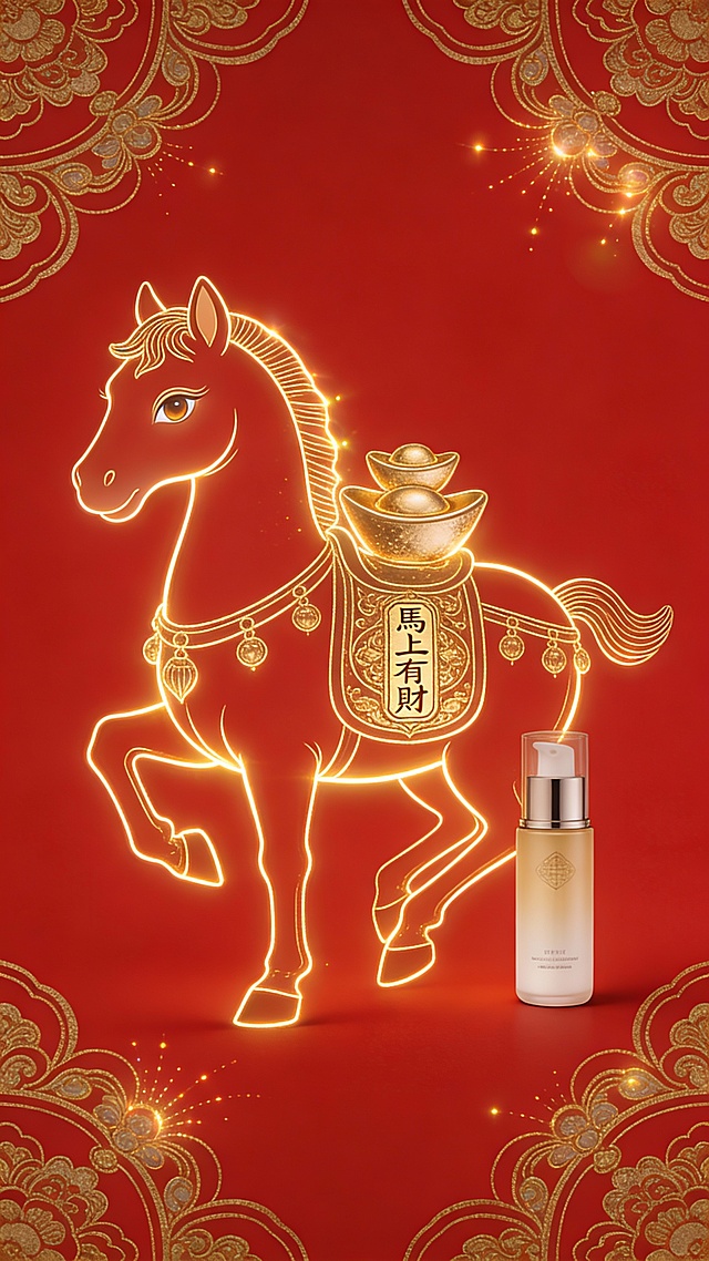 红金配色，描边风马驮金元宝，融合国潮与鎏金元素，传递喜庆奢华的春节氛围，突显中式美学与产品质感。