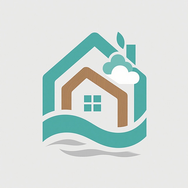 简约现代风格民宿LOGO设计，白色背景，整体造型为几何抽象房屋与自然元素的融合，样式采用流畅曲线与锐角折线结合的扁平化设计，配色以清新的薄荷绿为主色调，搭配原木棕色和浅灰色作为辅助色，房屋轮廓由流畅的曲线构成，顶部有抽象的树叶或云朵装饰元素，底部辅以简约的波浪线条象征地面或水面，整体设计简洁大方，富有亲和力与自然气息，体现民宿的舒适与宁静。