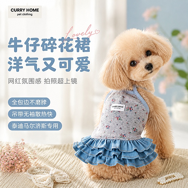[单张主图] 宠物吊带碎花牛仔蛋糕裙 高级氛围感主图 网红宠物穿搭拍照首图
[画面主体] 产品居中偏右，正面完整展示，占画面约55%。浅灰细条纹碎花吊带裙，三层牛仔蛋糕裙摆，领口肩带浅蓝包边，胸口白色CURRY HOME布标。保持产品外观（物理结构、材质质感、颜色、碎花图案、牛仔裙摆层数、包边细节、布标）与输入产品图绝对一致，杜绝任何变形和色差，精细化处理面料纹理与缝线细节。一只可爱的浅棕色泰迪小型犬（或马尔济斯）穿着这件裙子，站姿优雅，头部微侧看向镜头，狗狗毛发蓬松柔软，表情甜美，裙子贴合狗狗身形，展示真实穿搭效果。狗狗与裙子共同作为视觉主体。
[构图版式] 采用「左文右物场景型」高级氛围感版式。左侧大面积留白放品牌、主标题和卖点；右侧产品（狗狗穿裙）放大，底部用柔和台面承托。左上角安全区放置CURRY HOME品牌标识，字形与产品布标一致。
[场景元素] 背景为奶油米色+浅雾蓝渐变的柔和室内场景，模拟窗边自然光。前景底部铺一块浅米色针织地毯或原木色小台面。背景虚化处理，隐约可见白色纱帘、几支粉色小碎花和绿植叶片，营造网红ins风氛围感。散落1-2个迷你装饰道具：小蝴蝶结、珍珠发夹或小花束，增加可爱感。整体画面干净柔和，道具不抢主体。
[文案版式] 左上负空间左对齐，留安全边距。
主标题（圆润可爱粗体，最大号，雾霾蓝色）：
「牛仔碎花裙」
「洋气又可爱」
副文案（细圆体，约主标题一半大小，浅灰色）：
「网红氛围感 拍照超上镜」
左侧下方竖排3个圆角轻标签（浅蓝底白字，圆润字体）：
「全包边不磨脖」
「吊带无袖散热快」
「泰迪马尔济斯专用」
主标题旁叠一个英文手写体装饰词「Lovely」，浅粉色，只做氛围装饰。
所有文字清晰可读，不遮挡狗狗和裙子主体。
[光影质感] 自然窗光从左上方斜射，柔和漫射光，狗狗毛发有蓬松光泽，牛仔裙摆有自然褶皱阴影，面料纹理清晰。整体光线明亮通透，软阴影，无硬边光。产品轮廓清晰，背景虚化形成浅景深，突出主体。
[配色字体] 主色：奶油米白、雾霾浅蓝；辅色：牛仔蓝、浅粉、浅灰；强调色：雾霾蓝（主标题）。字体：圆润可爱圆体/软萌无衬线，字形饱满亲和，主标题粗体，辅助文案细体，大小对比强烈。
[比例分辨率] 1:1比例，2048px*2048px，2K分辨率，文字清晰锐利，超高清商业宠物摄影质感。
[负向提示词] 变形，文字错乱，产品图模糊，背景杂乱，水印，电商平台Logo，狗狗畸形，裙子变形，色差严重，主体遮挡，低清晰度，伪Logo