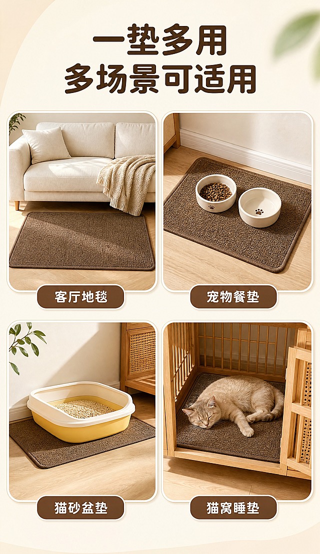 [商品] 使用【图1】深咖棕色仿剑麻猫抓垫；保留矩形形态、同色系锁边包边、仿剑麻粗糙纹理、咖色颜色与材质；每个场景中自然展平，不改变版型结构与颜色，咖色色差≤5%。
[画面] 功能演示图 一垫多用四宫格 目标可视化展示多场景功能。2x2四宫格圆角卡片布局 每格展示一个不同使用场景。左上格 客厅沙发前 垫子当地毯 白色沙发背景 右上格 宠物餐垫 垫子上放两个陶瓷猫碗 左下格 猫砂盆旁 黄色猫砂盆放在垫子上 右下格 猫笼内睡垫 垫子铺在木质猫笼底部。四格统一暖调 产品颜色纹理一致。
[视觉] 套系策略：风格=暖调奶油家居风 高清实拍质感；标题字=圆润亲和无衬线粗体；正文字=简洁无衬线体；主色=奶油米白；背景延展=基于奶油米白做深浅层级 同色渐变与细腻质感；强调色=深咖棕 仅用于小面积图标引线标签；标题色=深咖啡色；正文色=中暖棕；组件=圆角浅底信息卡 细线引线；光影=自然柔光 每格场景光线统一。
[文字] 页面顶部大标题两行 第一行"一垫多用" 第二行"多场景可适用"。四个圆角卡片下方各有一个深棕色圆角标签 分别写"客厅地毯""宠物餐垫""猫砂盆垫""猫窝睡垫" 文字清晰排版整齐。
[规格] 宽750px 竖版 高度约1300px 4K高清 避免变形错字 文字过小 冷蓝背景 产品色差 悬浮感 水印平台Logo。