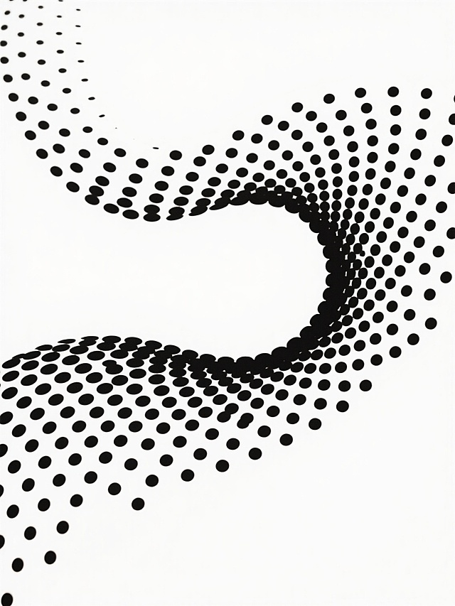 极简主义风格的抽象图案，由大量均匀分布的黑色小圆点组成流畅的波浪形曲线，圆点从曲线中心向两侧逐渐稀疏，形成自然的渐变层次感，背景为纯白色，整体构图简洁大方，线条优雅，具有现代设计感和视觉引导性。