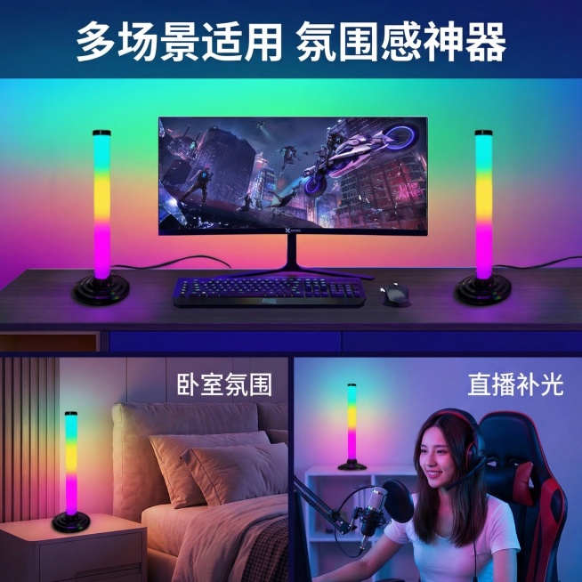 科技时尚风，多场景融合，实用性展示。三宫格拼图，上半部分为RGB拾音灯放置在电竞桌面的使用场景，左下为拾音灯放置在卧室床头作为氛围灯的场景，右下为拾音灯放置在直播间作为背景补光的场景，三张图光影色调统预览效果
