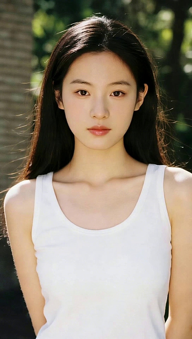 女生站在光影婆娑的校园里，面带微笑，希区柯克式变焦。