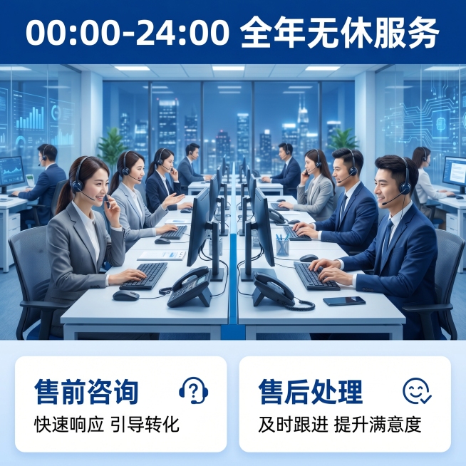 [主图 4] 客服外包全时段服务介绍图，延续蓝色高端商务风格。
[氛围风格] 专业清晰，全时段服务氛围，蓝色主调统一。
[画面元素] 商业摄影质感，光线柔和通透，产品清晰真实，画面干净高级。画面采用上预览效果