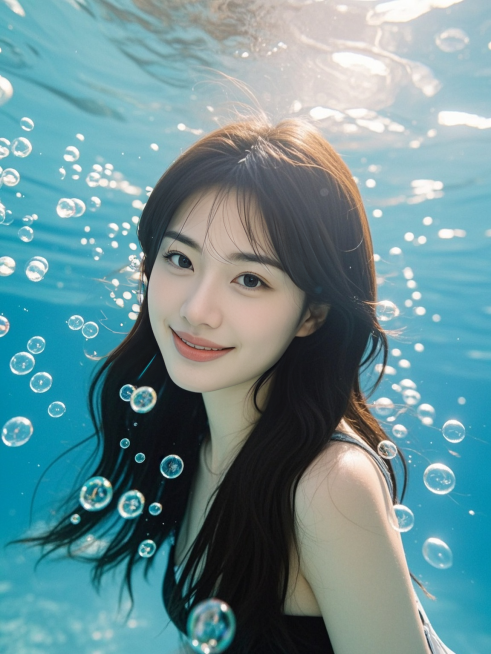 长发少女，水下写真，周围少量气泡装饰，正面视角，清透梦幻氛围，商业摄影预览效果