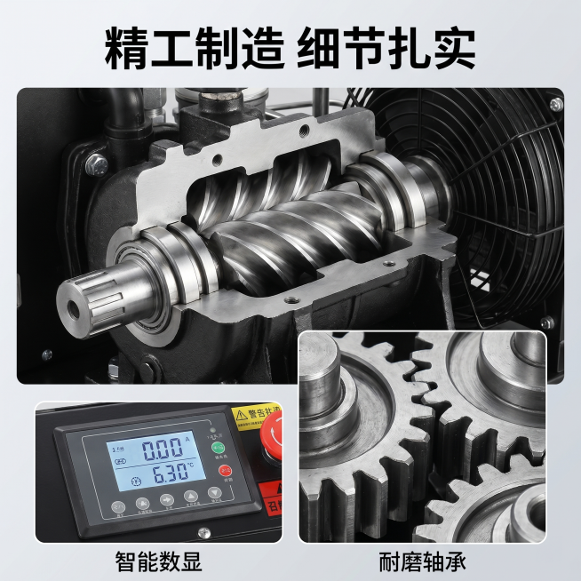 [主图-3] 工艺细节特写展示。
[氛围风格] 硬核科技质感，细节突出；
[画质] 商业摄影微距特写质感，超高清细节，清晰锐利。
[元素] 主画面展示空压机核心的螺杆压缩腔体特写，右下角叠加一个画中画预览效果