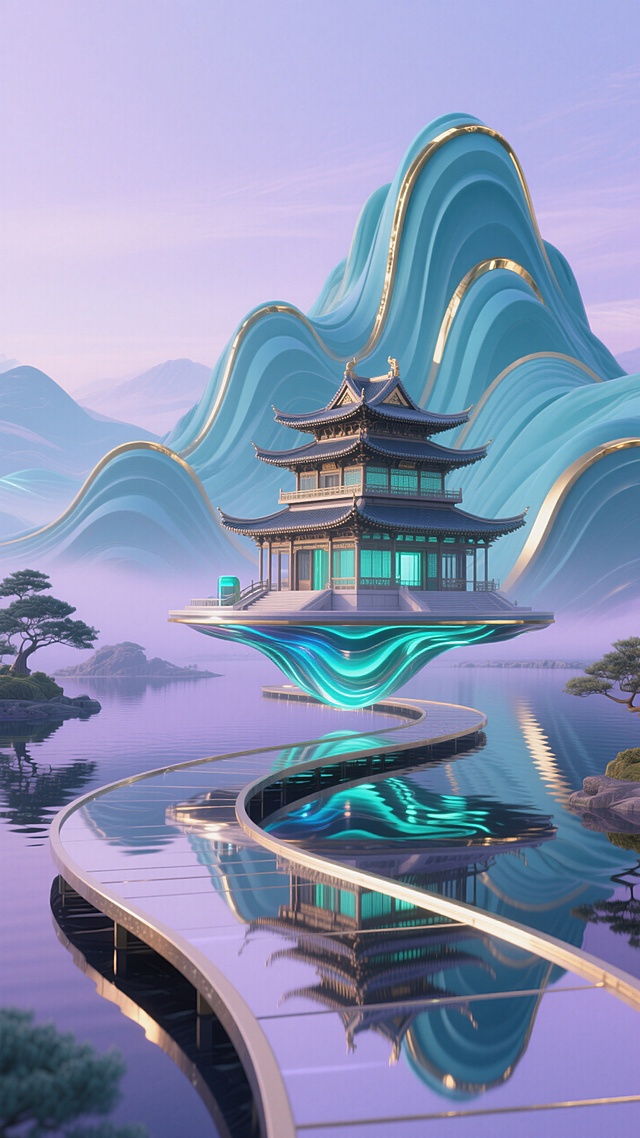 科技感+中国山水风，中国建筑+科技风，前景是镜面水面与金属镜面步道，悬浮的曲面建筑承接一座科技感的古典重檐楼阁（流动波纹，蓝绿渐变光效），后面是未来流动曲面形成的山体颜色是青色，山体边缘是金色，整体色调淡紫+青蓝+金边